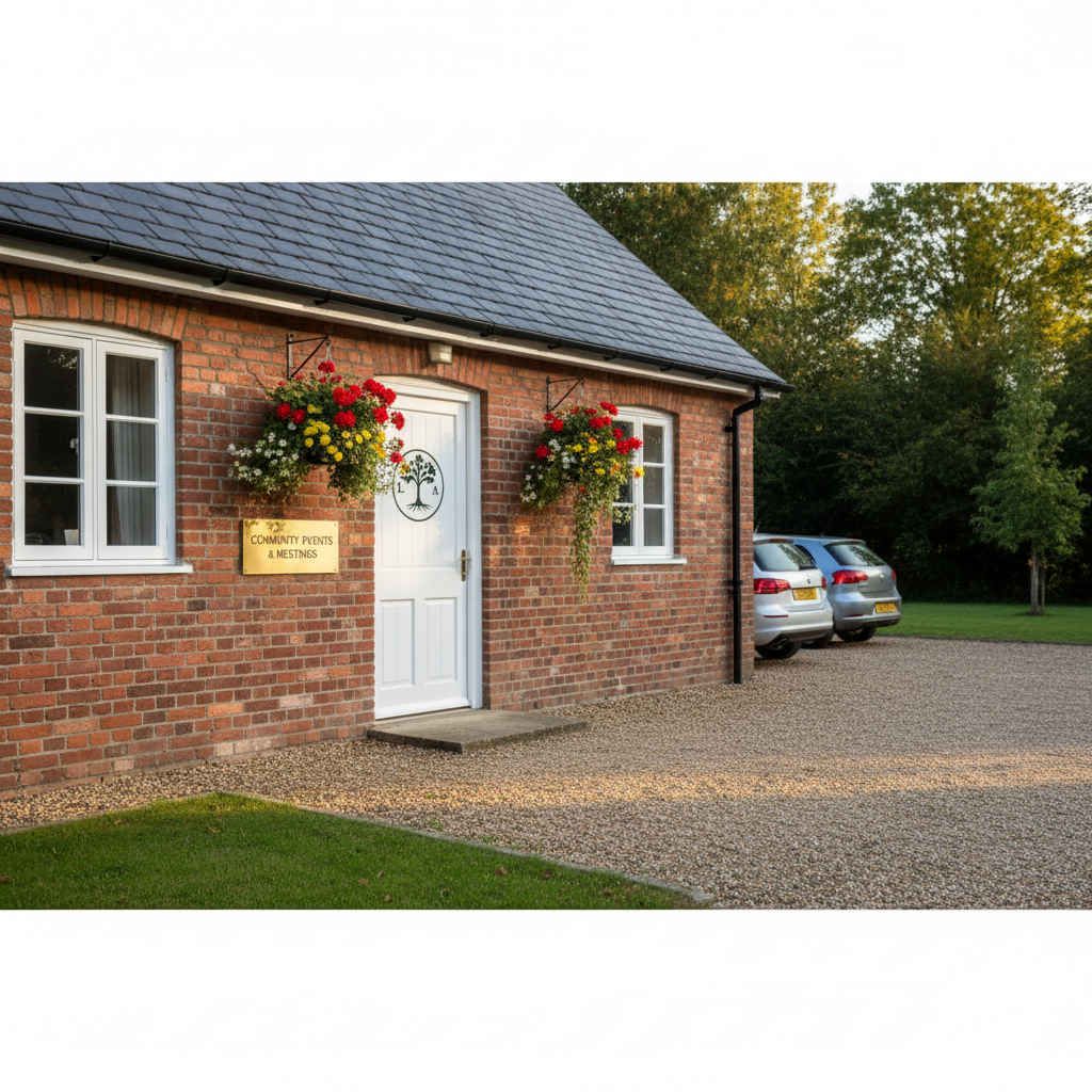 A compact, well-organised village hall exterior in Limpsfield Chart, built of red brick with white-framed windows and a dark slate roof, standing beside a small gravel parking area. A tasteful plaque by the entrance reads “Community Events & Meetings,” with a residents association logo on the door. Hanging baskets with seasonal flowers add touches of colour without clutter. Soft golden hour light illuminates the façade, highlighting brick textures and casting long, gentle shadows across the gravel. Photographed from a slightly elevated angle to include both the entrance and the small surrounding green space, with a moderate depth of field keeping the building crisp and the trees subtly softened. The mood is welcoming and organised, ideal for an events and meetings section header in a professional photographic style.