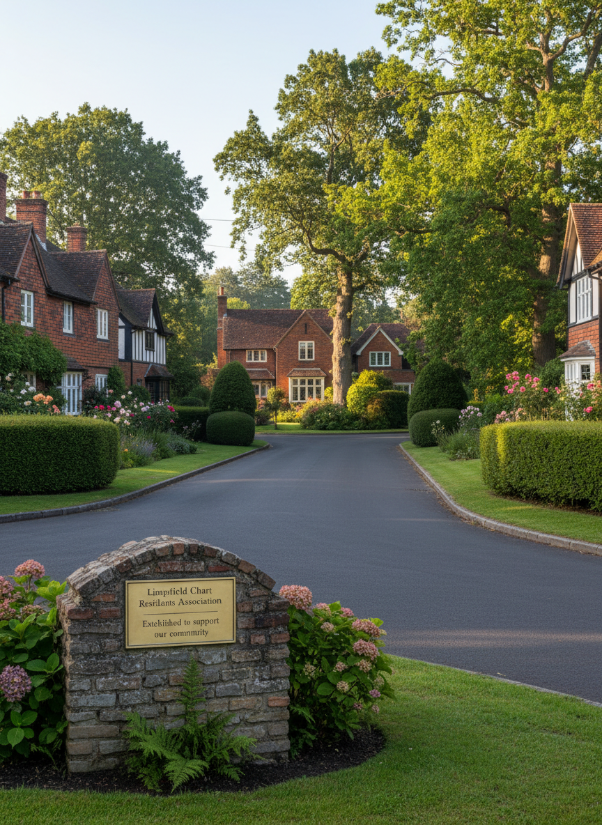 A tidy residential cul-de-sac in Limpsfield Chart, lined with well-kept hedges, mature trees, and a mix of traditional brick houses partially visible behind gardens, all photographed without people or vehicles. At the entrance, a tasteful low stone plinth holds a polished metal plaque engraved with “Limpsfield Chart Residents Association – Established to support our community.” Early morning light casts soft, long shadows across the smooth tarmac and highlights the neatness of the landscaping. Shot from a slightly elevated perspective using the rule of thirds, the plaque is in the lower left while the road leads gently into the scene. The atmosphere is safe, orderly, and community-focused, reflecting the association’s role in representing local residents.