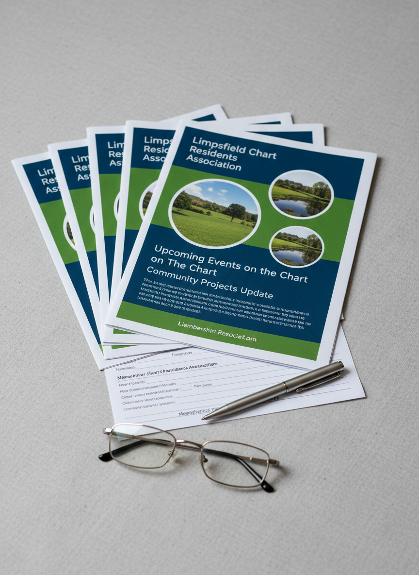 An organised, photographic close-up of a stack of printed Limpsfield Chart Residents Association newsletters and leaflets fanned out on a light-grey, textured fabric surface. The top newsletter shows a clean, modern layout with a green and dark blue colour scheme, headlines like “Upcoming Events on the Chart” and “Community Projects Update,” and small photos of local landscapes without people. A pair of reading glasses rests neatly beside the stack, and a slim, silver pen lies diagonally across a membership form. Soft indoor lighting from above creates gentle, diffuse reflections on the glossy paper and subtle shadows along the edges of the pages. Shot from a slightly elevated angle with moderate depth of field, the scene feels professional, organised, and informative, ideal for membership or communications sections.