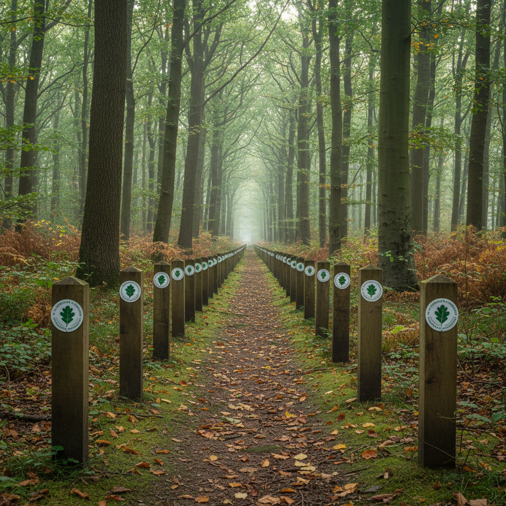 A tranquil stretch of Limpsfield Chart woodland, featuring a clearly marked public footpath bordered by low wooden posts with small, professionally printed waymark discs indicating routes supported by the residents association. The path surface is compacted earth with patches of moss and dry leaves, winding gently between tall, straight tree trunks. Soft, diffused morning light filters through the canopy, creating a serene, green-tinted ambience with subtle rays catching in the air. Photographed at eye level with the path centered as a strong leading line into the distance, maintaining sharp focus throughout. The mood is peaceful and protective, emphasizing environmental stewardship and local nature projects in a clean, realistic photographic style suitable for a conservation or projects page.