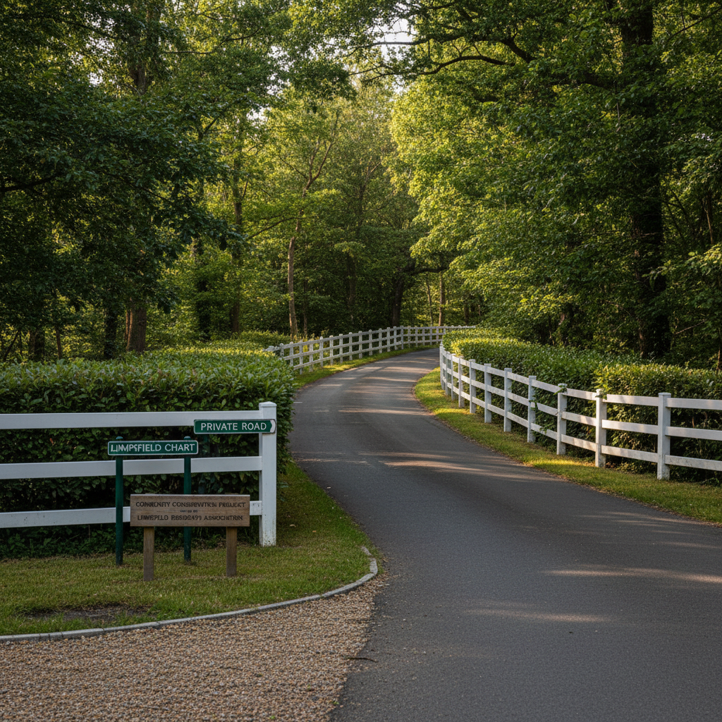 A well-surfaced country lane in Limpsfield Chart, edged by neatly clipped hedgerows and traditional post-and-rail fencing, gently curving into a wooded area. Discreet, well-maintained road signs and a small plaque indicating a conservation project by the residents association are visible along the verge. Late afternoon natural sunlight filters through tree branches, creating dappled highlights on the tarmac and hedges. Captured from a low, slightly off-center angle following the curve of the lane, with strong leading lines drawing the eye into the distance. The depth of field keeps both foreground and background in sharp clarity. The mood is orderly, safe, and community-minded, suited to illustrating local projects and infrastructure improvements on a professional non-profit site.
