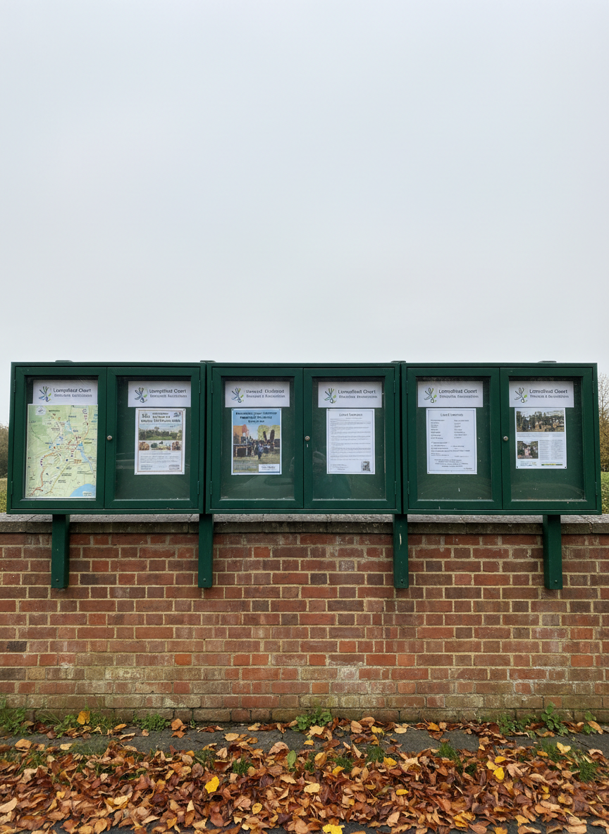 An orderly row of neatly painted village noticeboards mounted on a low brick wall, each with clear glass fronts showing printed event posters, local maps, and community announcements for Limpsfield Chart. The frames are dark green wood with subtle wear, giving a sense of long-term use and care. Fallen autumn leaves scatter at the base, adding warm rust and amber tones. Overcast daylight creates soft, diffused lighting with minimal shadows, ideal for legible detail. Photographed straight-on with sharp focus from edge to edge, the composition emphasizes structure and clarity. The atmosphere is practical, informative, and trustworthy, reflecting a professional residents association dedicated to sharing local news and upcoming events.