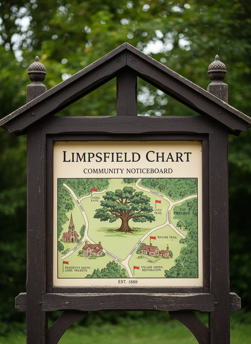A detailed close-up of a classic wooden community signboard for Limpsfield Chart, crafted from dark-stained timber with a simple pitched roof and decorative finials. The sign’s painted panel shows an illustrated map of the village green, woodland, and surrounding lanes, with clear labels for key locations and residents association initiatives. The wood grain and brushstrokes are visible in crisp photographic detail. Overcast daylight provides even, neutral lighting, ensuring all markings are easily legible without harsh shadows. The background is softly blurred greenery, suggesting a village edge location. Composed at eye level with the sign filling most of the frame, the mood is informative and trustworthy, ideal for supporting navigation, “about the area,” or local projects pages on a professional non-profit website.